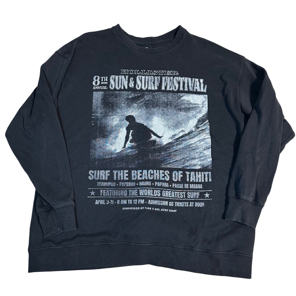 Hollister Sun Surf Festival Sweatshirt Graphic Print Crewneck Long Sleeve Black - Picture 1 of 6